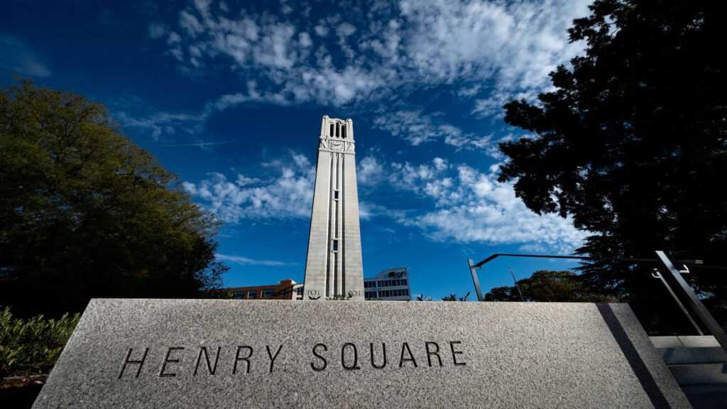 In 2021, NC State celebrated the completion of a renovation and restoration project at the Memorial Belltower at Henry Square. That project included the addition of 55 bells to the carillon and upgrades to the surrounding plaza.